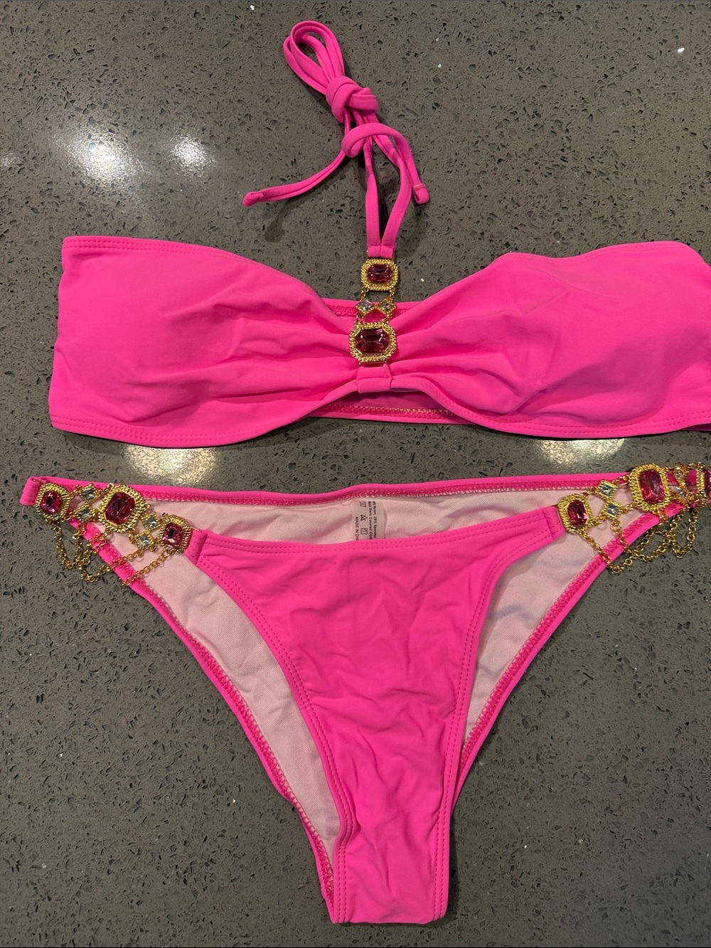SHEIN Pink Bandeau Bikini Set with Gold Jewel Chains
